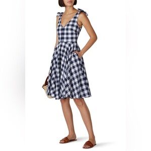 Slate & Willow Gingham Linen/Cotton V-Neck Shoulder Tie Dress In Blue Size 8